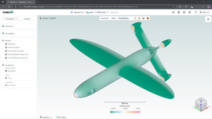 Flow360 WebUI Post Processing Results Showing Pressure on a Tailsitter Drone Design