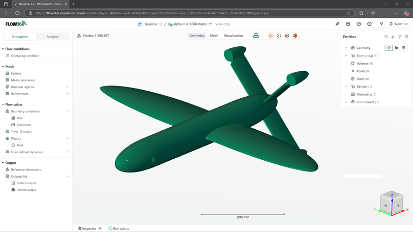 Flow360 Web UI Geometry of a Tailsitter Drone in the Workbench CFD Simulation Setup Window