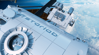 Close-up of the Starlab space station hull and docking port above Earth