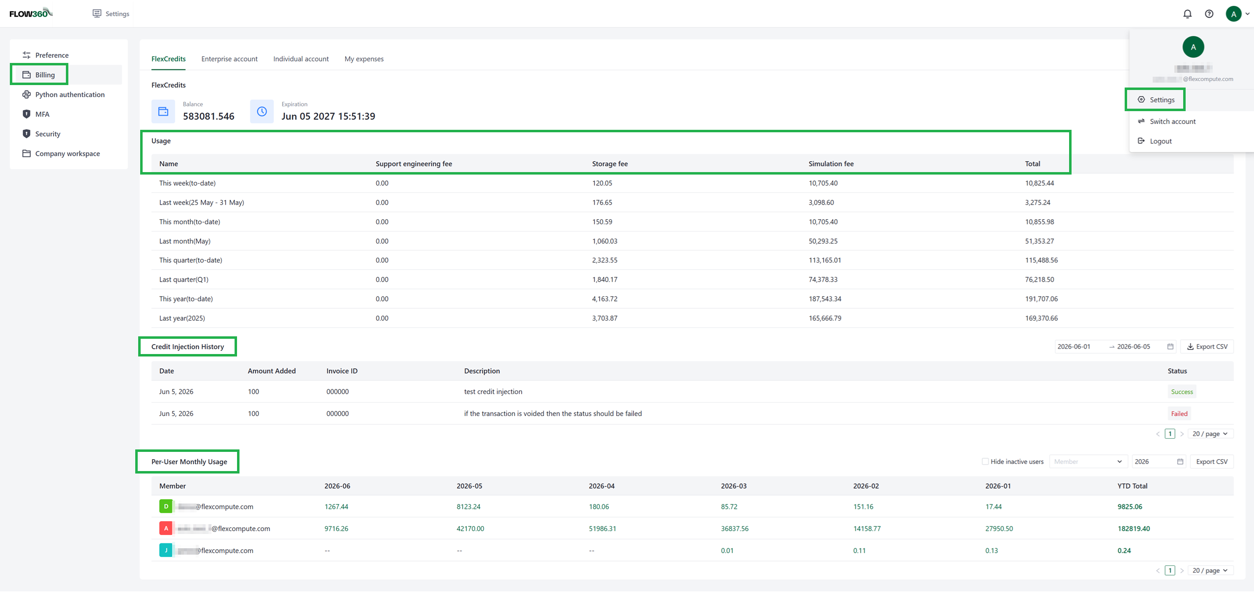 Billing page showing the FlexCredits tab with balance and expiration, the usage table, credit injection history, and per-user monthly usage
